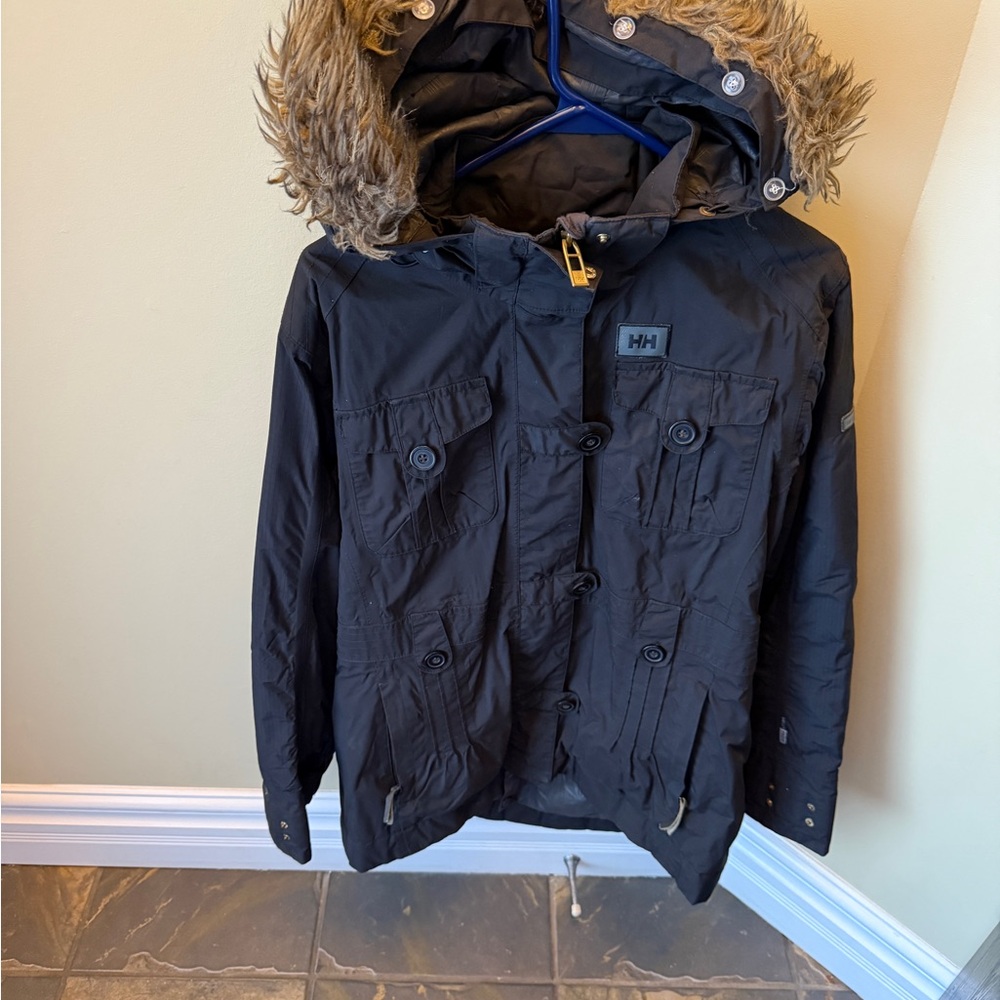 Helly Hansen Black Hooded Jacket with Fur Trim